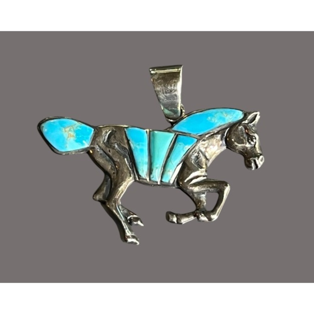 STERLING SILVER PENDANT Blue Turquoise Inlay RUNNING HORSE Southwestern SANTA FE